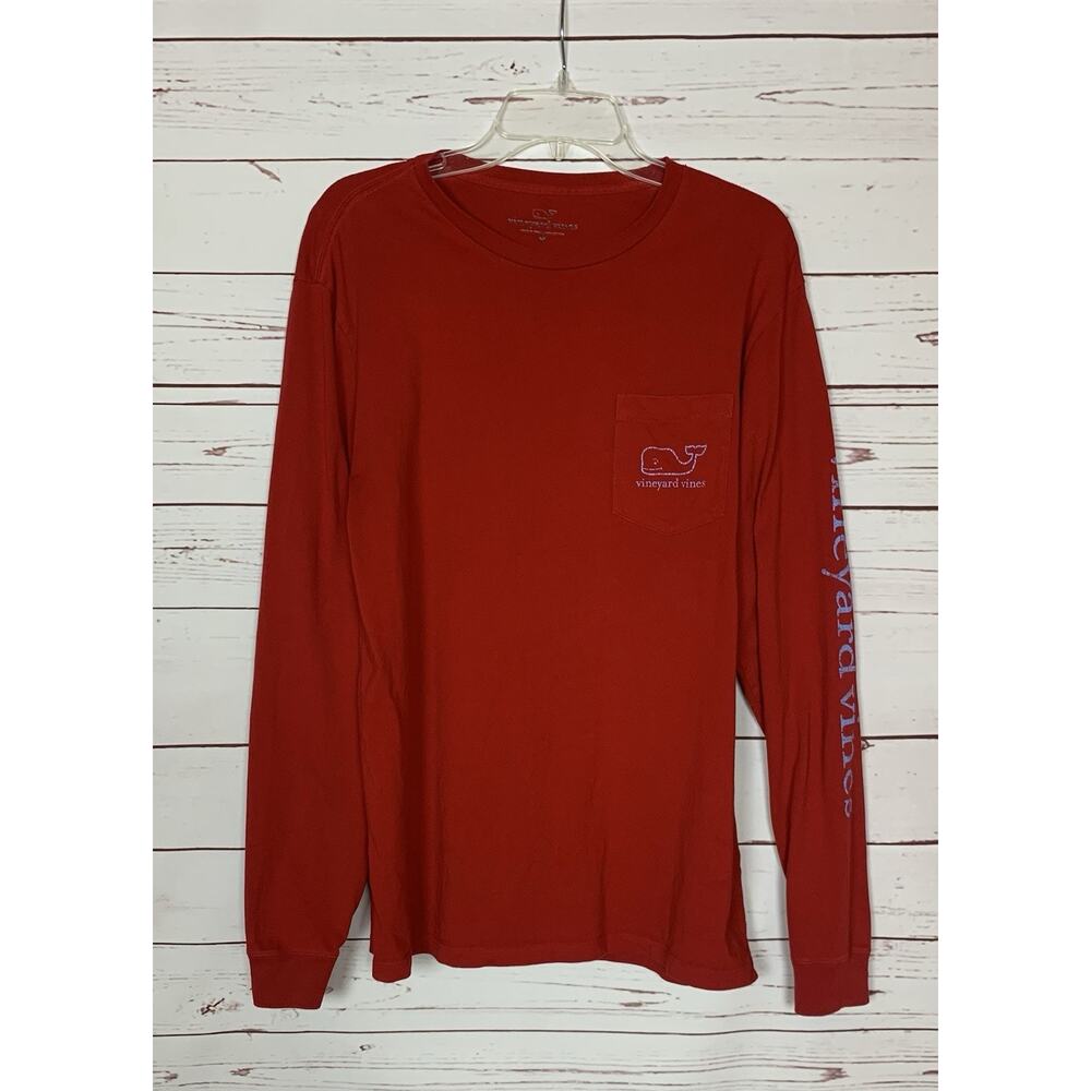 VINEYARD VINES Mens M Medium Red Whale Logo Graphic Long Sleeve Pocket Tee Shirt